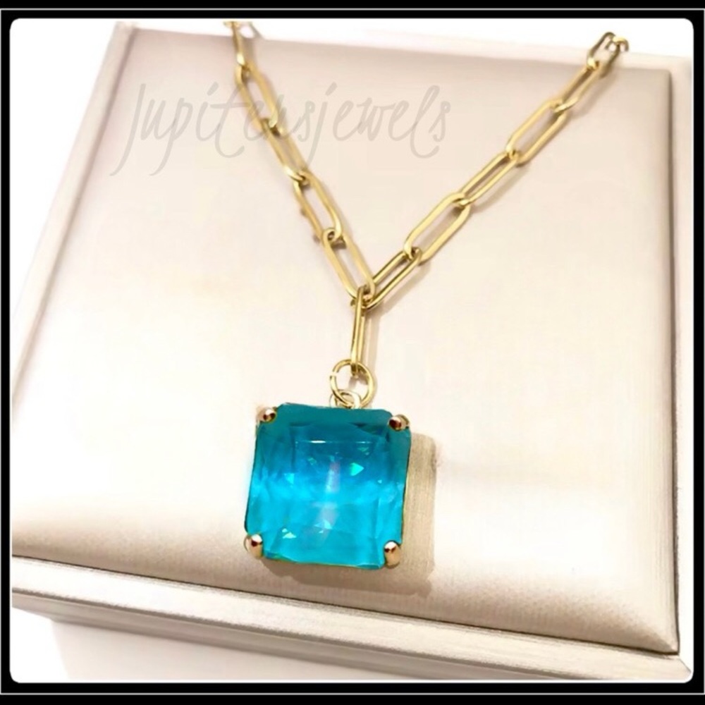 ICE CUBE SEA BLUE TOPAZ EMERALD CUT GOLD TRANSLUCENT PAPERCLIP LUCITE NECKLACE